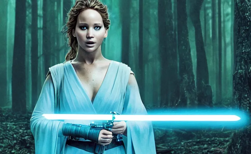 Image similar to jennifer lawrence as a jedi with a blue lightsaber in an ancient bioluminescent forest, new star wars movie poster from lucas arts, perfect symmetrical face, full moon, moody lighting, 8 k, shallow depth of field, intricate detail,