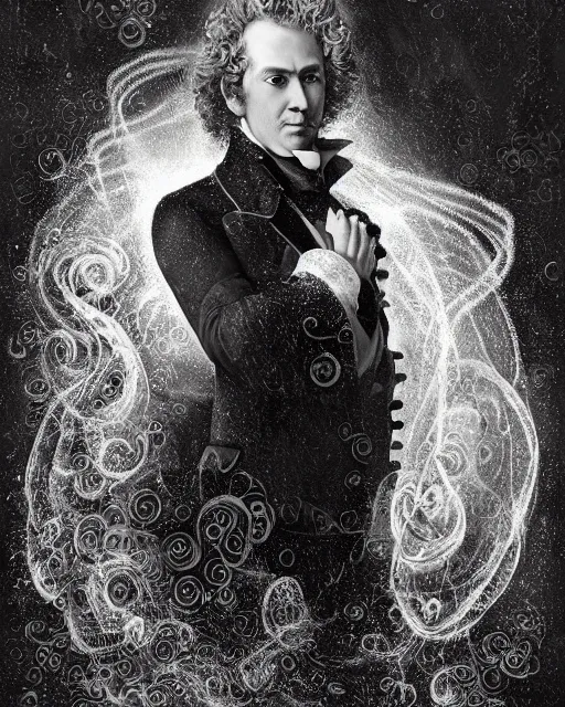 Image similar to a highly detailed portrait of Alexandr Pushkin as a devious male magician radiating a powerful energy aura, ornate back tuxedo, wispy tendrils of smoke, swirling vortex of energy, performance art, intricate, digital painting, old english, raining, sepia, particles floating, whimsical background by marc simonetti, art by artgerm and greg rutkowski and alphonse mucha