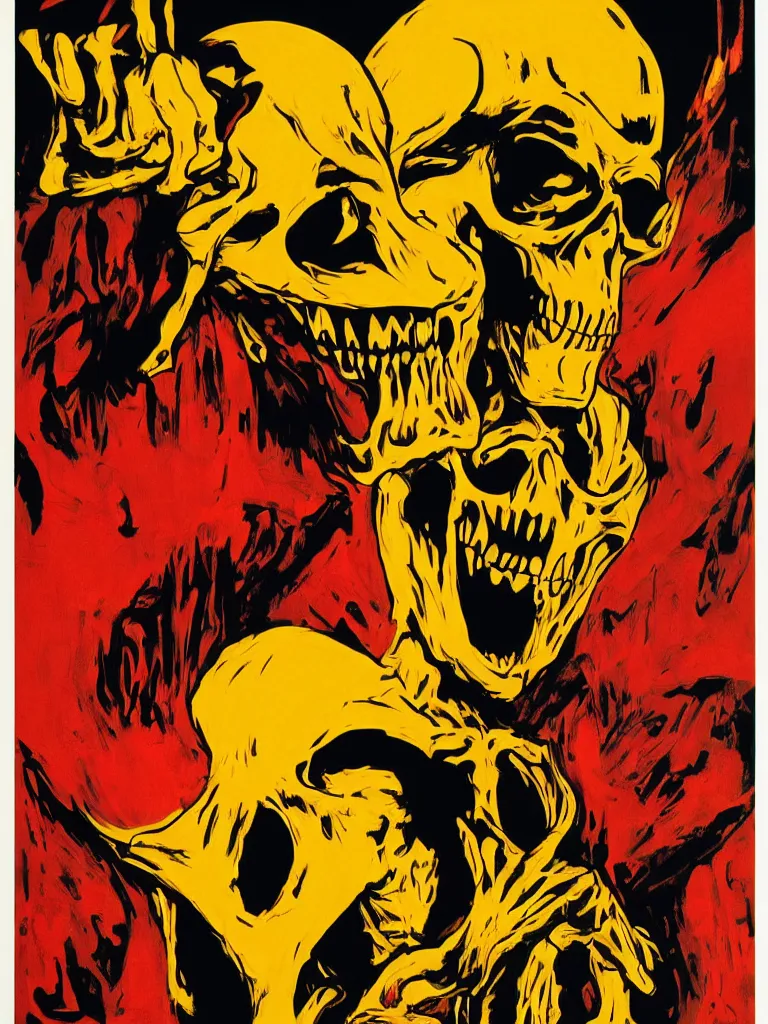 Prompt: poster of skeletor with the word fear, red yellow orange black and cream colors, poster by shepard fairey