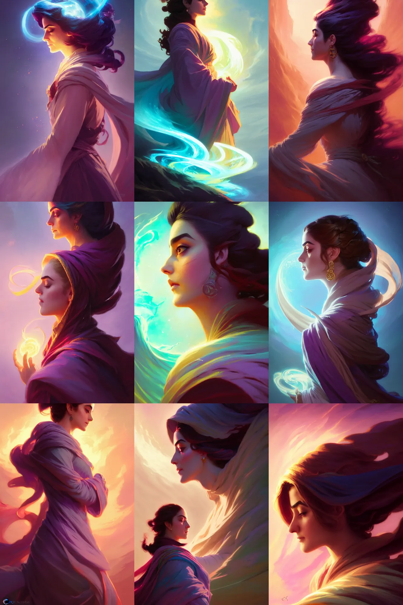 Prompt: side profile, maya ali, gloomhaven, wind sorcerer, dota, robes, elegant, smooth, bright backlit, colorful swirly magic ripples, pastel colors, by greg rutkowski, jesper ejsing, ilya kuvshinov, artgerm, mucha