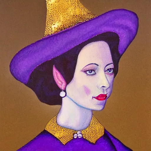 Prompt: portrait of a purple witch with golden embroidery, painting in the style of realism.