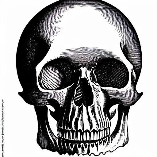 Prompt: one anatomical skull on white background, art by james o barr and albrecht durer, woodblock print, engraved, black and white, vector, vector art