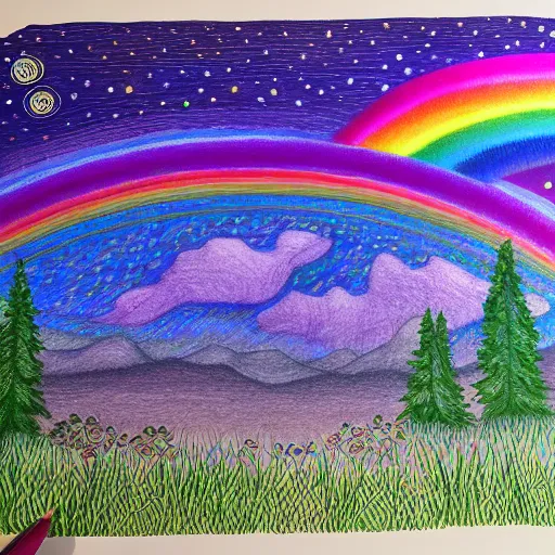 Colored pencil art on paper, Rainbow created by | Stable Diffusion