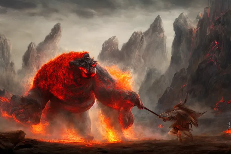 Prompt: concept art of attacking of huge red burning ogre with one horn on its head, cinematic, dramatic perspective art station trending, by arthur braginsky