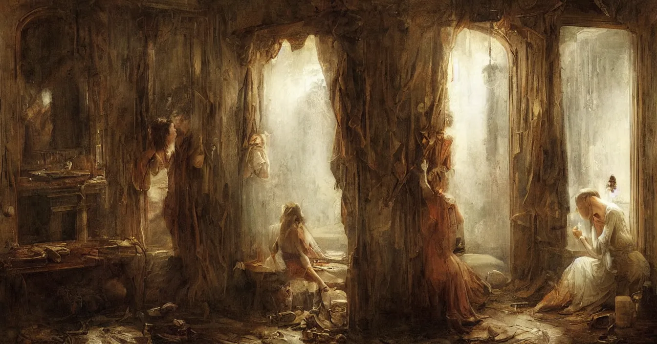 Image similar to secret world behind mirror with very deep stillness atmosphere, dimension of still moment, spiritual style, digital art, by augustus edwin mulready