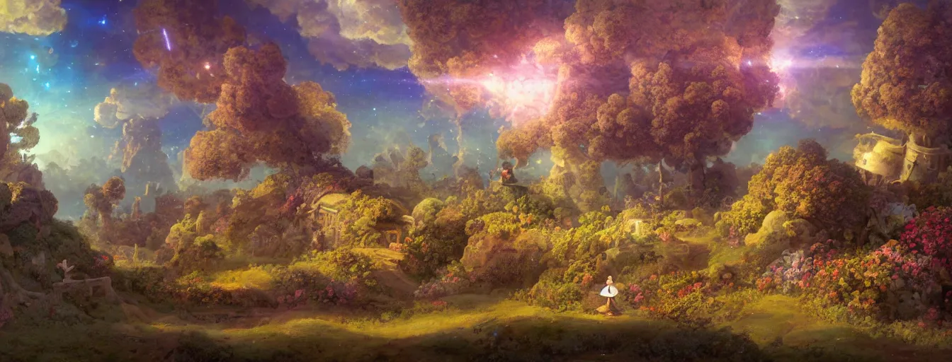 Image similar to a beautiful landscape painting of steampunk landscape, a junk nebula in the sky, galaxies visible, giant trees and colourful flowers, a tiny girl looking on with her talking cat, by jean - honore fragonard and don bluth and makoto shinkai, light rays, trending on artstation, octane render