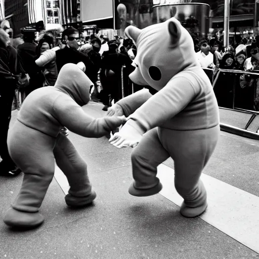 Image similar to An award winning photo, of a Teletubby, in the act of brutally curb stomping a man dressed in a Nazi uniform, in Time Square, NYC. 85mm lens, f1.8.