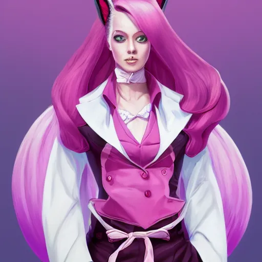 Prompt: portrait of woman with pink hair, large red eyes, and white rabbit ears wearing a purple suit with a red tie and a pink miniskirt, character design by ross tran, bo chen, rebecca oborn, michael whelan, artstation