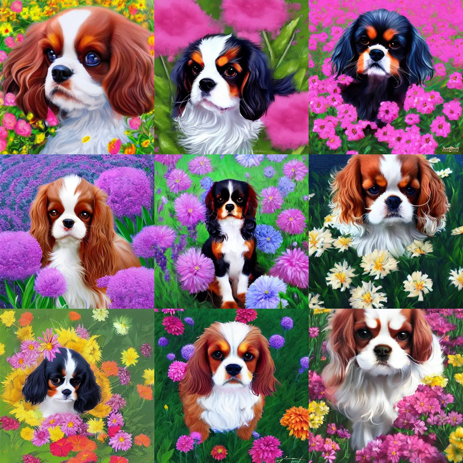 Prompt: fluffy cavalier king charles spaniel, surrounded by flowers, art by artgerm
