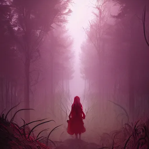 Prompt: a woman [ enchanting a forest with red magic ]!, stands in the middle of a pathway in a timid forest, trending on cgsociety, digital art, illustrated by max hay and anton fadeev, bioluminescent atmosphere, back view, intricate