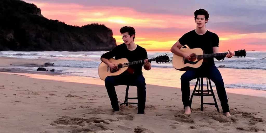 Image similar to Shawn Mendes en la playa tocando la guitarra at sunset