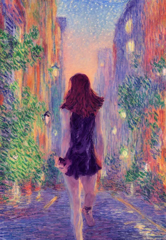 Image similar to wide angle portrait of a teenage girl, a thrifty outfit, very anime in impressionist style, city street view background, starlit night sky, trending artwork, anime painter studio, by claude monet