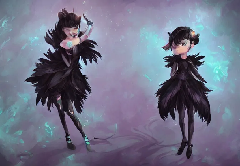 Prompt: little girl with a short black haircut wearing a dress made of black feathers, artwork in league of legends art style, anatomically perfect