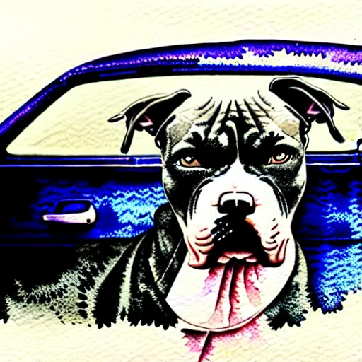 Image similar to an intricate watercolor of a beautiful velvet grey pit bull inside of a blue car, hyper detailed, intricate, sepia background, surrealism, grumpy