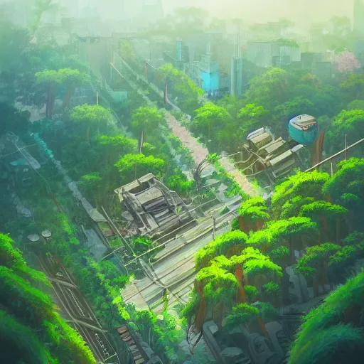 Image similar to a beautiful painting of post-apocalyptic Singapore overrun by vegetation. Studio Ghibli, aerial photography, wide angle lens, trending on artstation, trending on behance