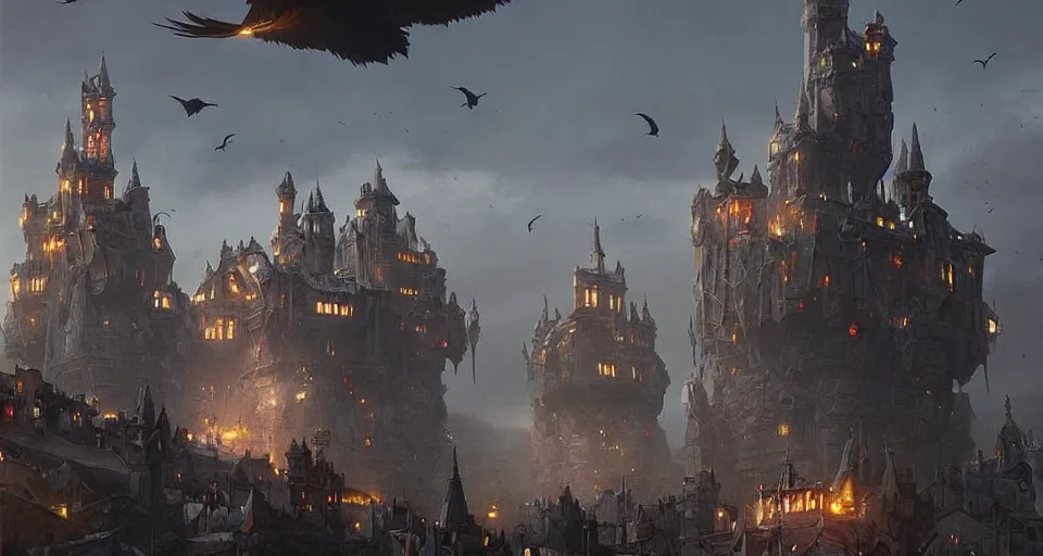 Prompt: futuristic floating fantasy castle above a medieval city, flocks of ravens, by Greg Rutkowski and Raphael Lacoste, detailed, masterpiece, volumetric lighting, 8k
