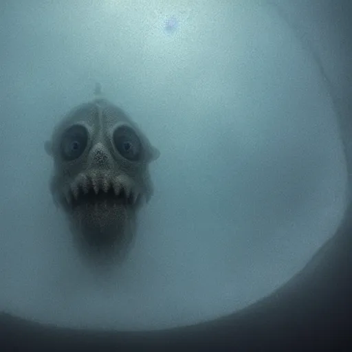 Image similar to sea monster about to eat pov underwater, foggy water, dark, dramatic,'silent hill ', big eyes, terrifying, cinematic