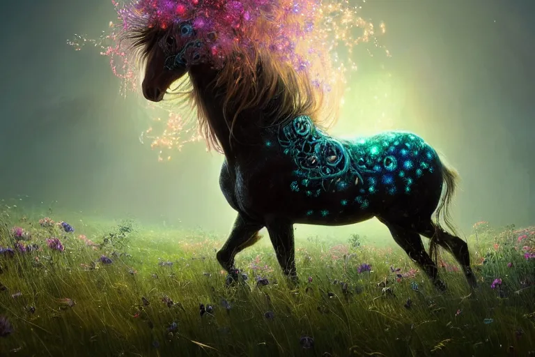Prompt: a stunning horse with a mane of bioluminescent vines and flowers running through a meadow by greg rutkowski, flowerpunk, volumetric light, digital art, highly detailed, fine detail, intricate, ornate, complex, octane render, unreal engine, photorealistic