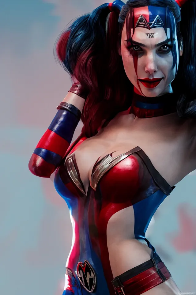 Image similar to Gal Gadot As Harley Quinn, Playboy Centerfold, Full Figure, 8K, octane render, HDR, photorealistic, volumetric lighting, Hyperrealistic