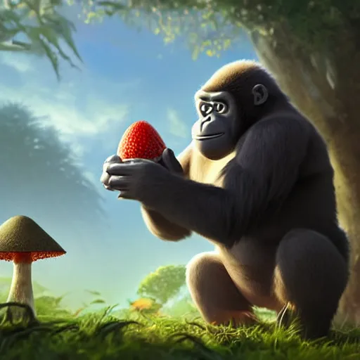 Prompt: a wholesome animation key shot of a small gorilla holding a amanita muscaria, chilled out smirk on face, listening to music, jeep in background, studio ghibli, pixar and disney animation, sharp, rendered in unreal engine 5, anime key art by greg rutkowski, bloom, dramatic lighting