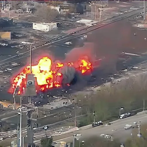 Image similar to bleve explosion, fireball, fireball explosion, 2 4 0 p footage, 2 0 0 6 youtube video, helicopter footage over city, gas station explosion