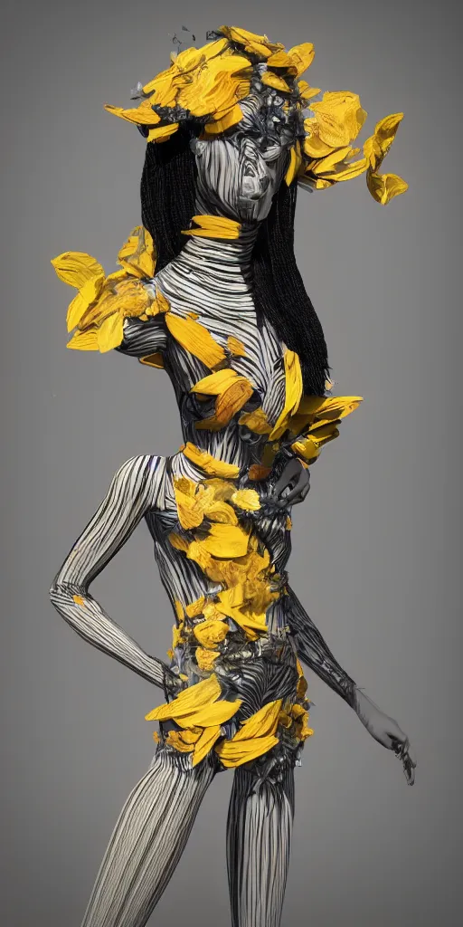 Image similar to an anthromorphic beautiful bee woman wearing striped couture made out of wax and paper and flower petals, at a fashion shoot, trending on Art Station, 3D, octane render,