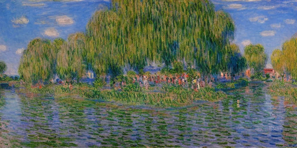 Image similar to A beautiful city next to a small river painted by Monet, amazing landscape