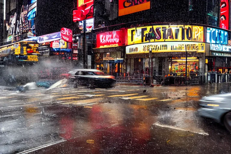 Image similar to commercial photography cinematic wide shot of fastfood falling down on the streets of new york, it's raining food