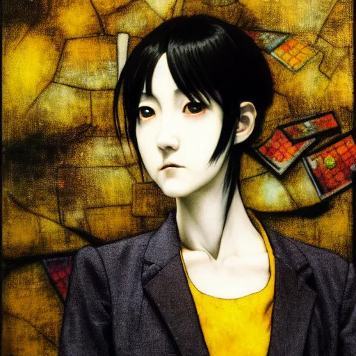 Image similar to yoshitaka amano blurred and dreamy realistic three quarter angle horror portrait of a sinister young woman with short hair and yellow eyes wearing office suit with tie, junji ito abstract patterns in the background, satoshi kon anime, noisy film grain effect, highly detailed, renaissance oil painting, weird portrait angle, blurred lost edges