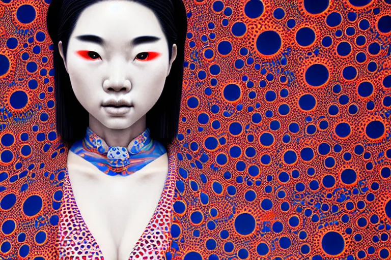 Image similar to hyperrealistic detailed portrait of a geisha, background by yayoi kusama, part by kei mieno, part by ross tran, part by james jean, ultra realistic, highly detailed, symmetrical face, detailed body, 3 d render, very cohesive, masterpiece