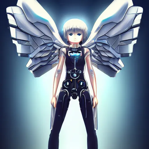 Image similar to cute small cyborg - angel girl with large angelic wings standing on the edge of a rooftop overlooking a dystopian city, left eye gold and right eye silver, biomechanical details, bionic cyborg implants, digital cyberpunk - anime art, full body shot