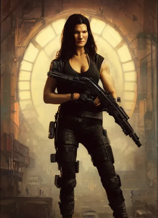 Image similar to gina carano. cyberpunk mercenary in a military vest ( blade runner 2 0 4 9, cyberpunk 2 0 7 7 ). orientalist portrait by john william waterhouse and james gurney and theodore ralli and nasreddine dinet, oil on canvas. cinematic, hyper realism, realistic proportions, dramatic lighting, high detail 4 k