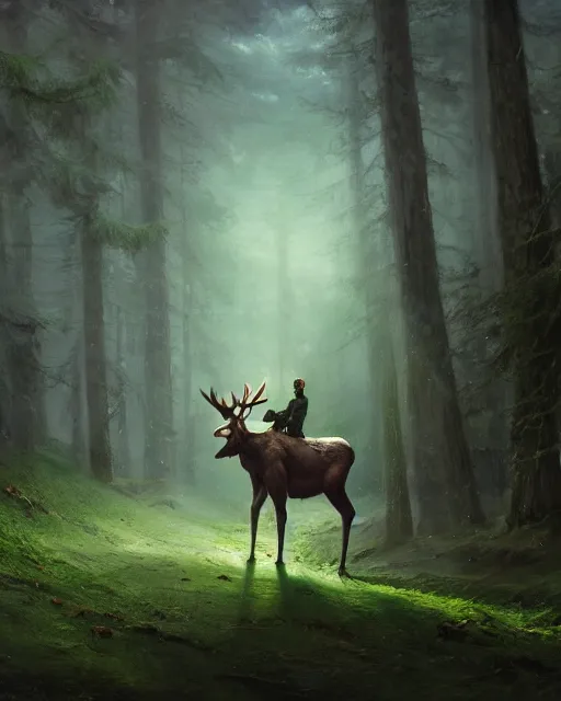 Image similar to oil painting of Anthropomorphized Moose casting spell, wearing green cloak, wearing war paint, sharp focus, fantasy style, octane render, volumetric lighting, 8k high definition, by greg rutkowski, highly detailed, trending on art Station, magic the gathering artwork, magical forest backround, centered