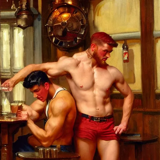 Image similar to drinking their hearts out, in a pub. shorts, attractive muscular male with red hair, and attractive muscular male with black hair. very defined and highly detailed painting by j. c. leyendecker, gaston bussiere, craig mullins 8 k