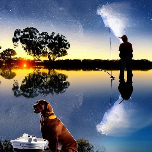 Prompt: an australian man, facing away from the camera towards a sunrise, over a reflective lake, fishing rod set up next to the man, with tackle box and a dog sleeping on the ground, awe inspiring award - winning, matte painting