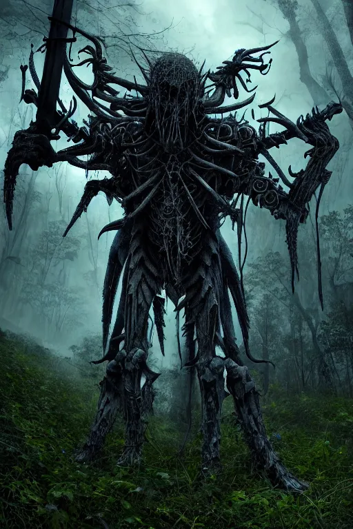 Image similar to post - gothic giant creepy banshee, exoskeleton armor, attacking with axe, dystopian ruins covered in vegetation, highly detailed smooth digital art masterpiece, vitaly bulgarov giger dramatic dark blue light, ground angle hd 8 k, sharp focus