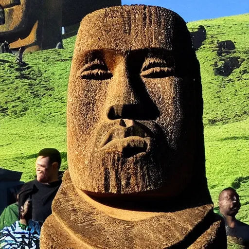 Image similar to Kanye West as a moai head on easter Island