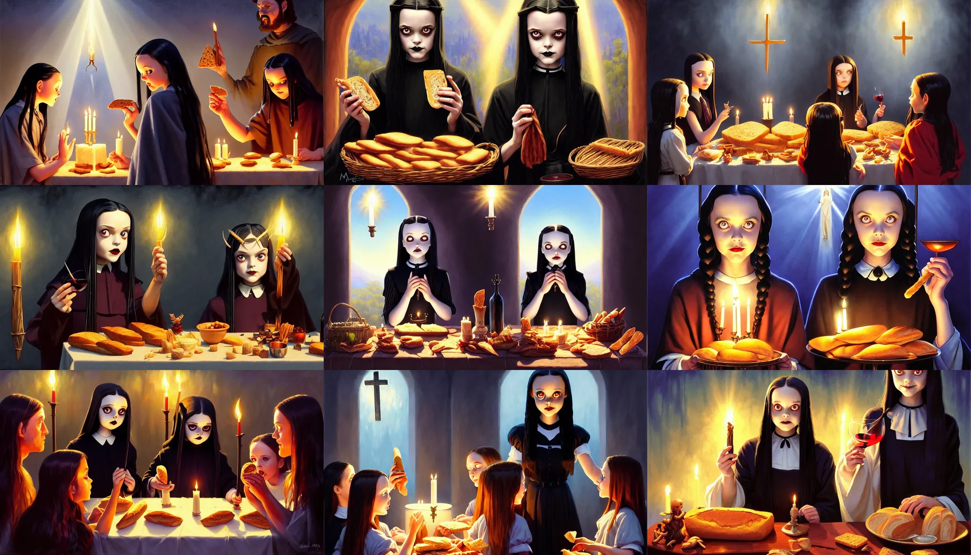 Prompt: wednesday addams from the addams family as jesus sharing bread and wine with the local community, joyful, holy rays of spiritual light, goth, satanic ritual, worship, pixar style, shaded lighting poster by magali villeneuve, artgerm, jeremy lipkin and michael garmash, rob rey and kentaro miura style, trending on art station