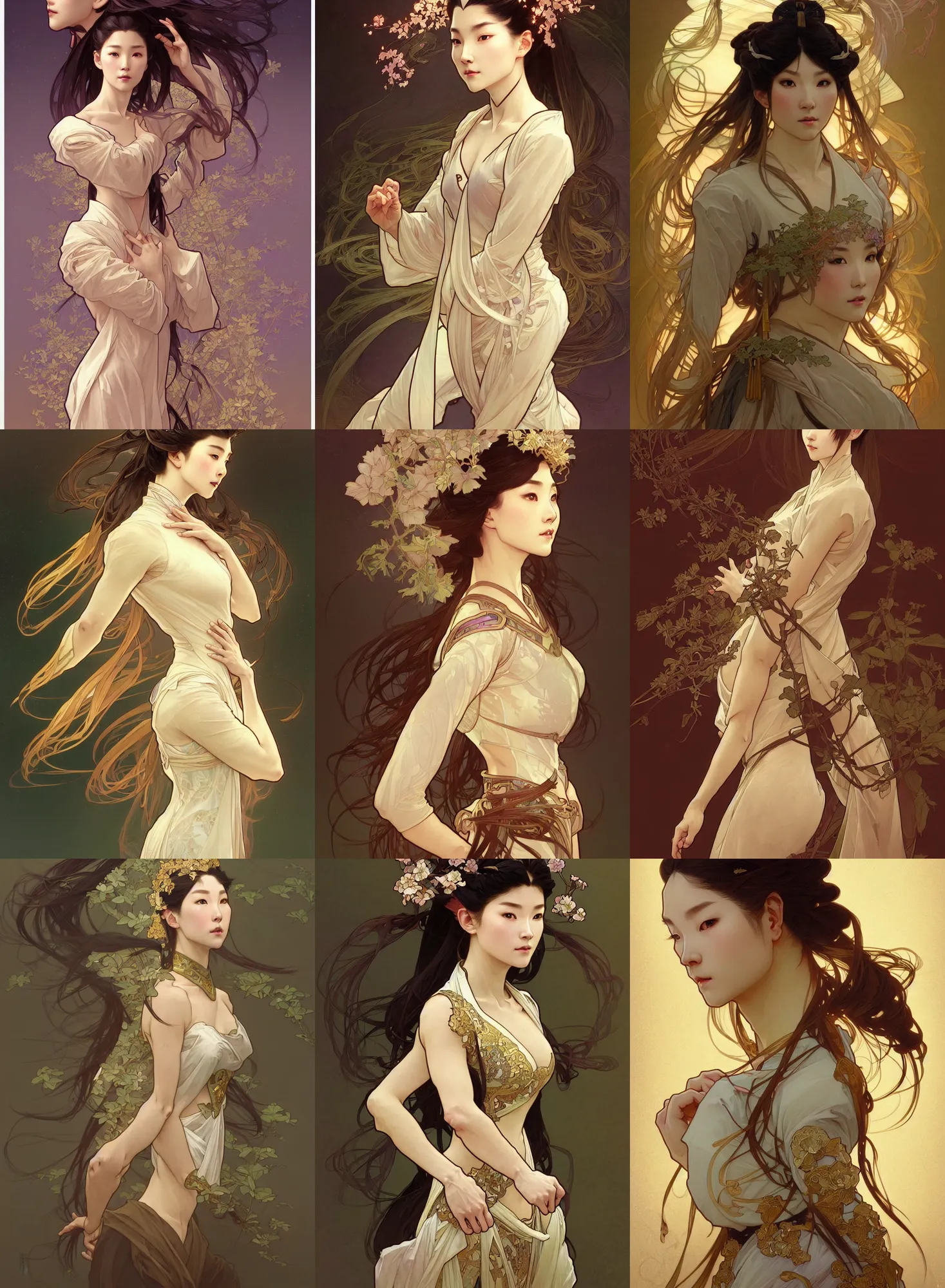 Prompt: a digital concept ar by artgerm and greg rutkowski and alphonse mucha. clear portrait of a lonely attractive woman in uniform of tang dynasty!! tang dynasty book, light effect. hyper detailed, character concept, full body!! dynamic pose, glowing lights!! intricate, elegant, highly detailed, digital painting, artstation, concept art, smooth, sharp focus, illustration