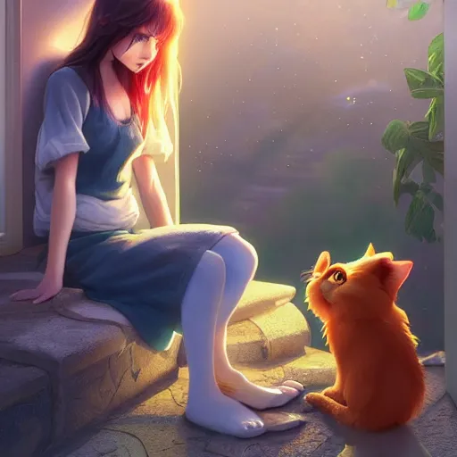 Prompt: a cat exists next to a girl. animal. digital art. artstation. realistic. vibrant. illustration. in the style of pixar movie. octane render. art by makoto shinkai, stanley artgerm lau, wlop, rossdraws. volumetric lighting.