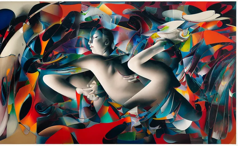 Image similar to decollage painting ыstillness in the motion by adrian ghenie and takato yamamoto and edward hopper and mark ryden and tsutomu nihei, part by bridget riley, acrylic pour and splashing paint, very coherent, baroque elements, perfect anatomy, intricate design. pop art.