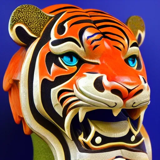 Prompt: breathtakingly cool beautiful stylised balinese carving ornate coloured sculpture tiger, extreme closeup, 8 k artstation