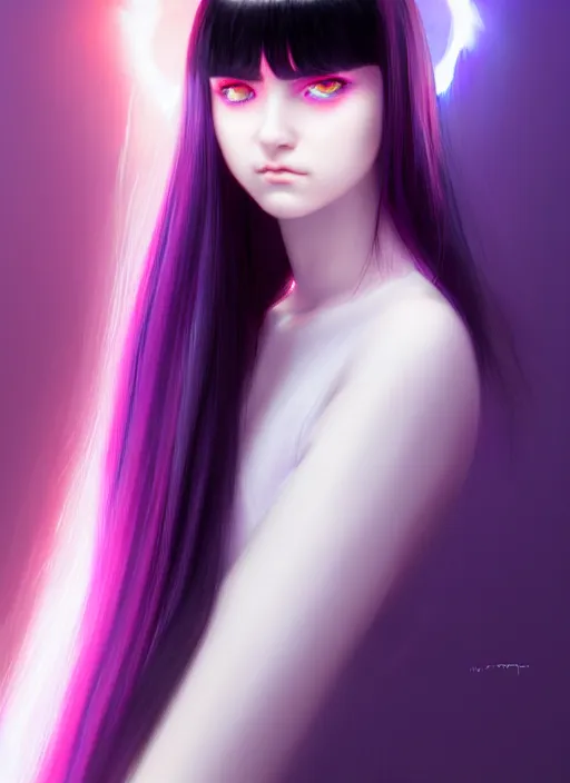 Image similar to portrait of teenage girl with white bangs, red irises, black hair, purple clothes, white bangs, bangs are different color from hair, intricate, front of hair is white rest is black, elegant, glowing lights, highly detailed, digital painting, artstation, concept art, smooth, sharp focus, illustration, art by wlop, mars ravelo and greg rutkowski