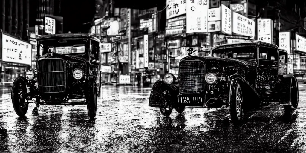 Prompt: close up macro shot of a ford t car on wet tokyo street at night, intricate, hyper detailed, smooth, dramatic lighting, cinematic