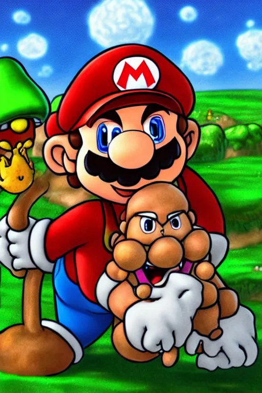 Prompt: mario eating toad from its head parodying saturn devouring his son, digital art, nintendo style, extremely detailed, photoshop, trending on artstation