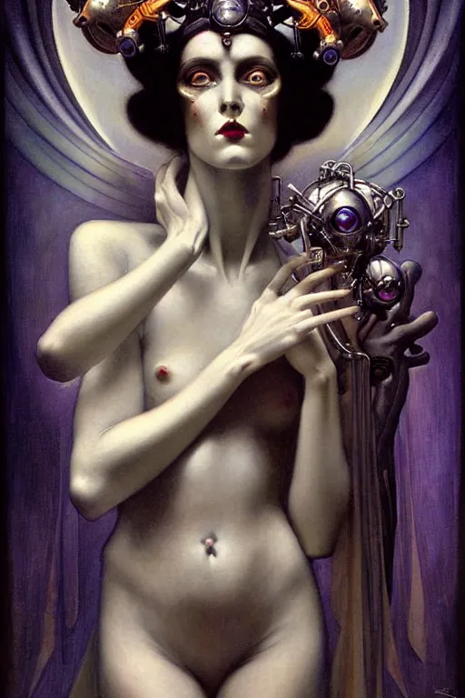 Image similar to beautiful evil cybernetic goddess by steichen in the style of a modern tom bagshaw, alphonse muca, victor horta, gaston bussiere. anatomically correct. extremely lush detail. masterpiece. melancholic scene infected by night. perfect composition and lighting. sharp focus. high contrast lush surrealistic photorealism. sultry expression.