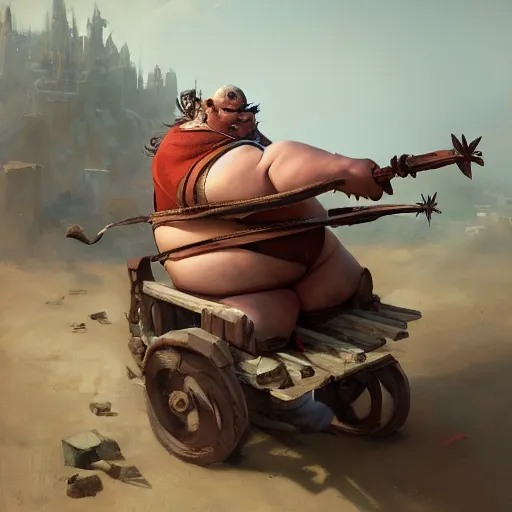 Image similar to fat fantasy goblin riding in a rickety wooden cart holding a lance, organic painting, sunny day, matte painting, bold shapes, hard edges, street art, trending on artstation, by huang guangjian, gil elvgren, ruan jia, greg rutkowski, gaston bussiere