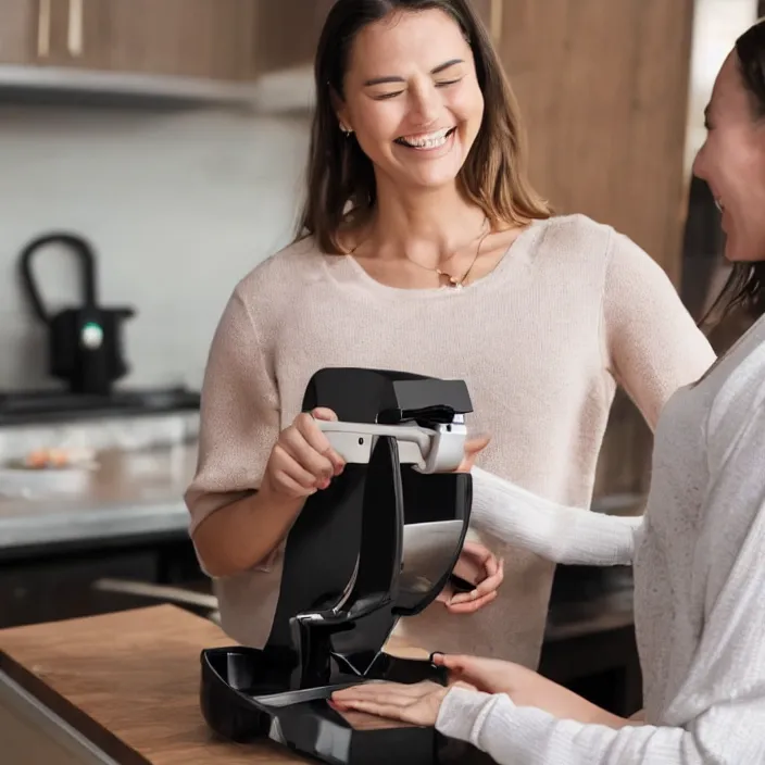 Prompt: a woman that is extremely happy about a young woman receiving her new bagel slicer from the future in the mail from amazon, 8 k,