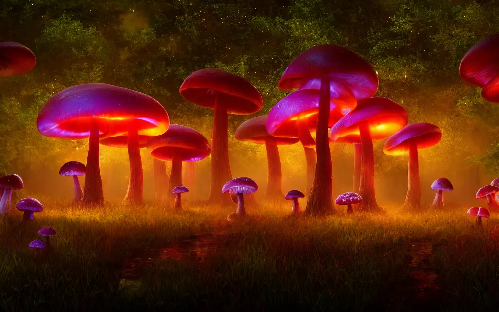 Image similar to a misty swamp with many colorful giant mushrooms, at night, fireflies!, full moon!, many trees!, beautiful lighting, fantasy colors, vivid colors!, highly detailed, octane render, 4 k, trending on artstation