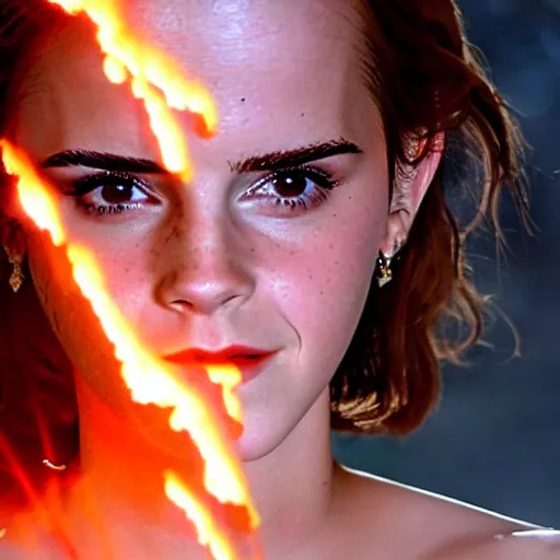 Image similar to Emma Watson Fire Godess, Epic pyrotechnics, 8k UHD, Epic lighting